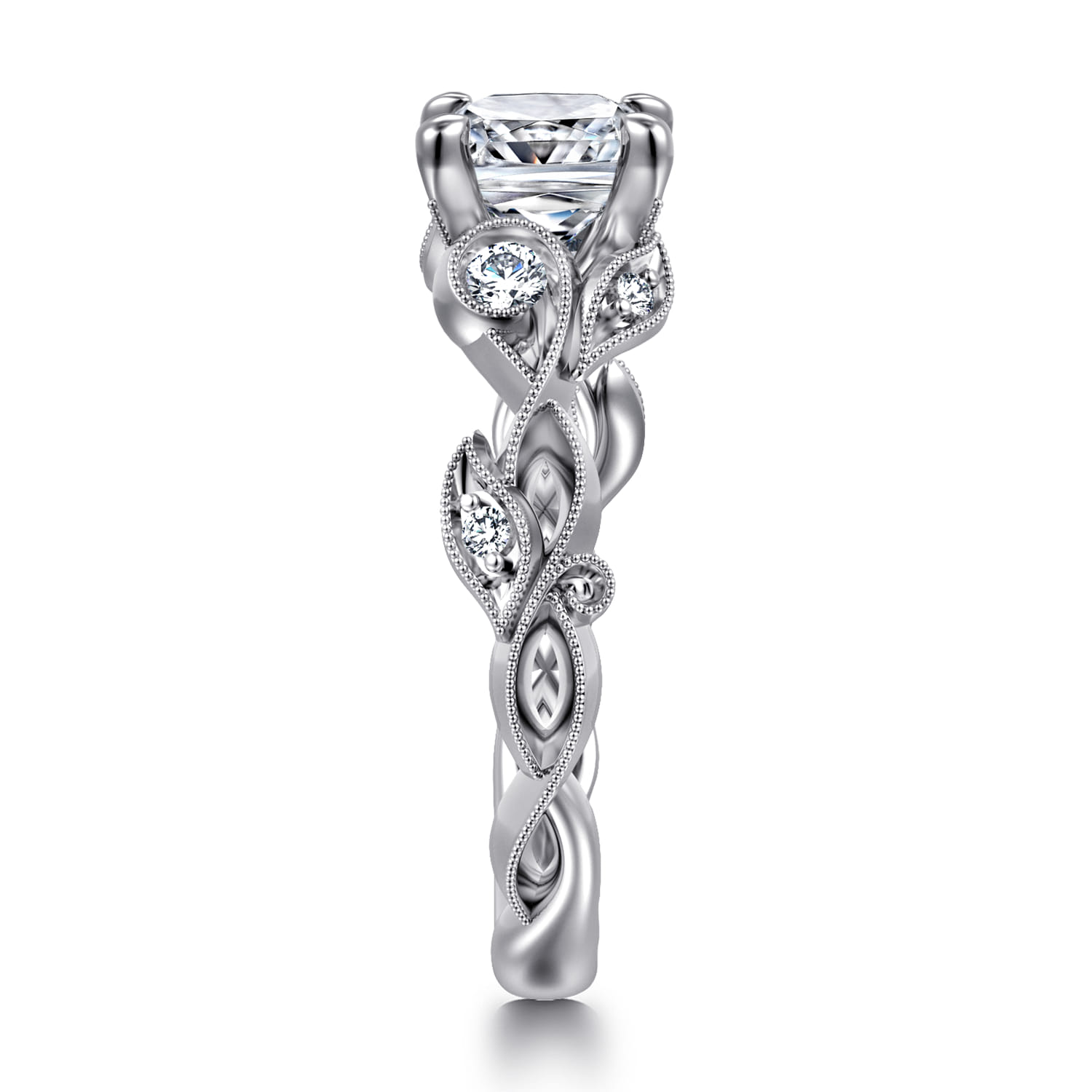 Lena - 14K White Gold Floral Cushion Cut Diamond Engagement Ring - 0.16 ct - Shot 4