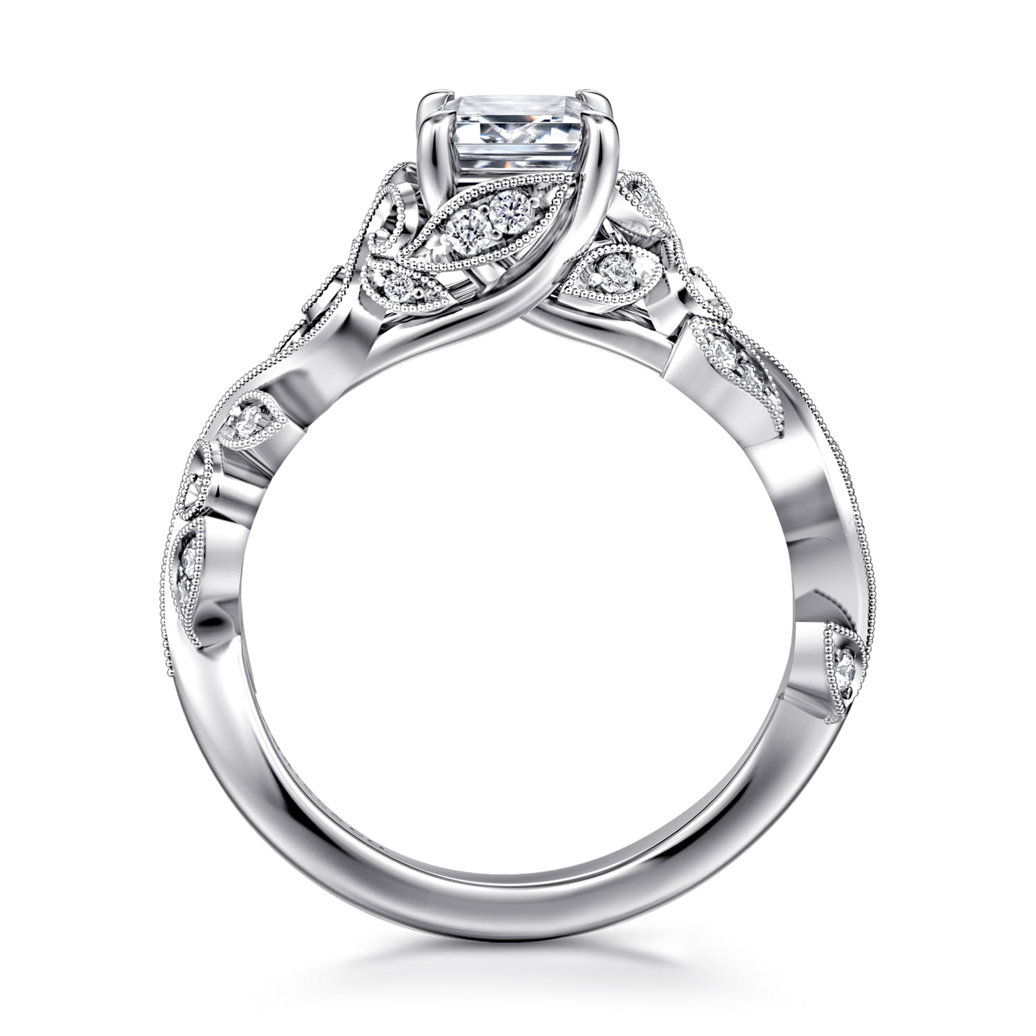 Martedi - 14K White Gold Floral Emerald Cut Diamond Engagement Ring - 0.15 ct - Shot 2