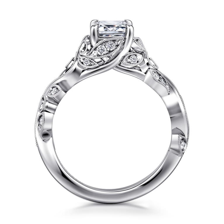 Martedi - 14K White Gold Floral Emerald Cut Diamond Engagement Ring - 0.15 ct - Shot 2