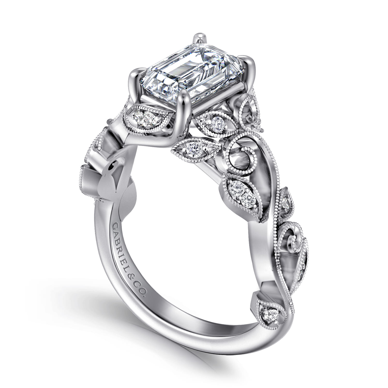 Martedi - 14K White Gold Floral Emerald Cut Diamond Engagement Ring - 0.15 ct - Shot 3