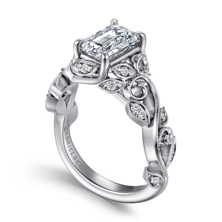 Martedi - 14K White Gold Floral Emerald Cut Diamond Engagement Ring - 0.15 ct - Shot 3