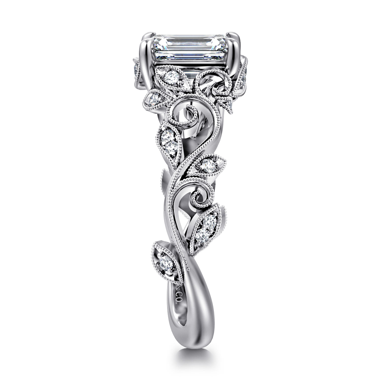 Martedi - 14K White Gold Floral Emerald Cut Diamond Engagement Ring - 0.15 ct - Shot 4