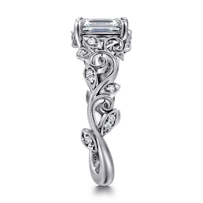 Martedi - 14K White Gold Floral Emerald Cut Diamond Engagement Ring - 0.15 ct - Shot 4