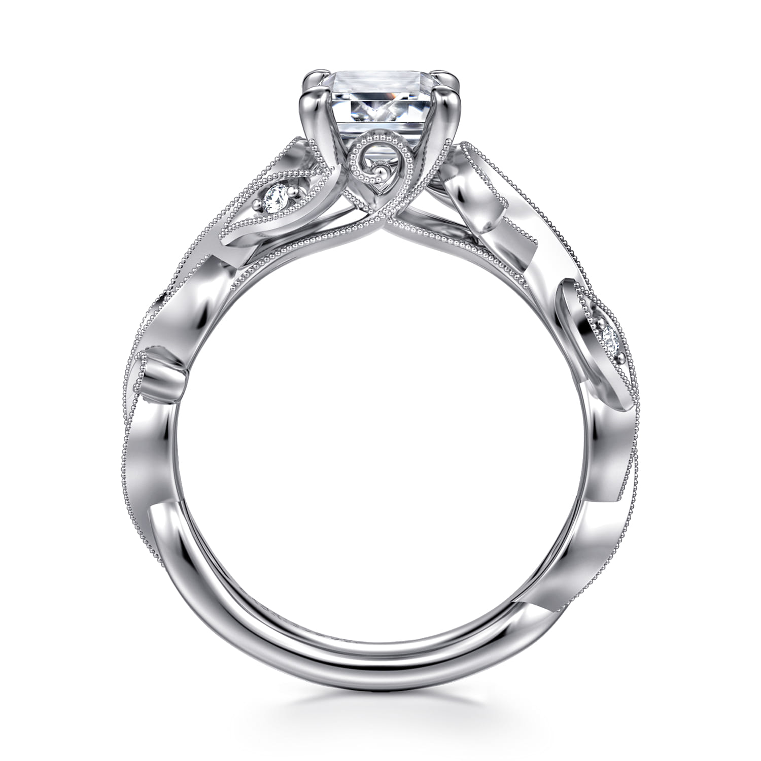 Lena - 14K White Gold Floral Emerald Cut Diamond Engagement Ring - 0.16 ct - Shot 2