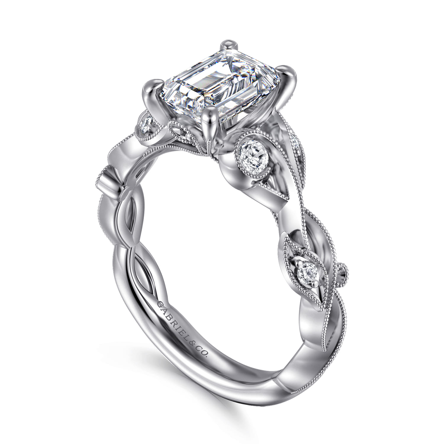 Lena - 14K White Gold Floral Emerald Cut Diamond Engagement Ring - 0.16 ct - Shot 3