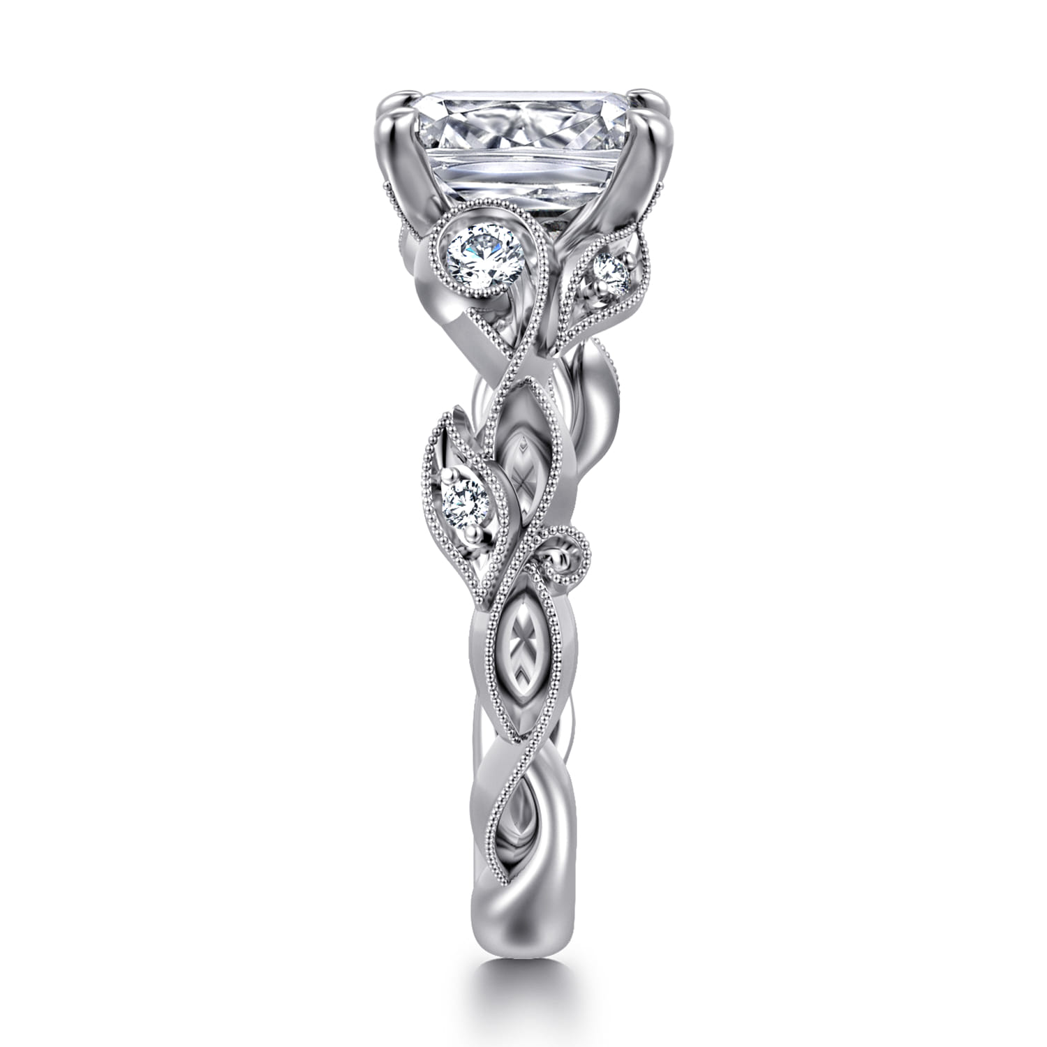 Lena - 14K White Gold Floral Emerald Cut Diamond Engagement Ring - 0.16 ct - Shot 4