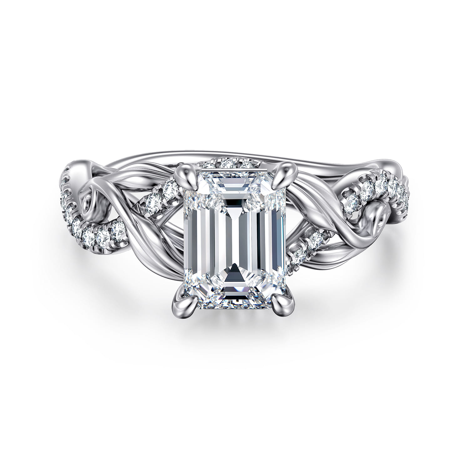 Camelia - 14K White Gold Floral Emerald Cut Diamond Engagement Ring - 0.19 ct - Shot 1