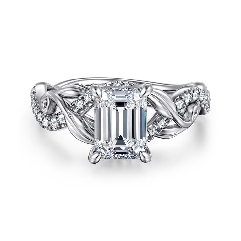 Camelia - 14K White Gold Floral Emerald Cut Diamond Engagement Ring - 0.19 ct - Shot 1