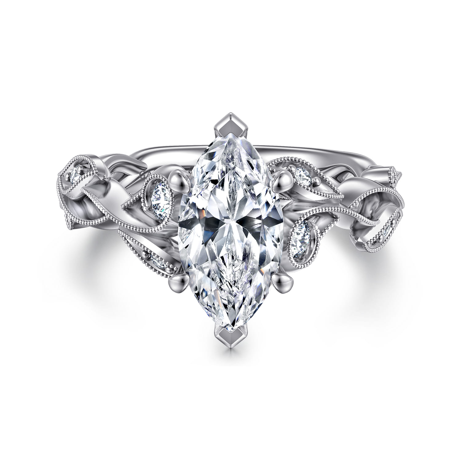 Lena - 14K White Gold Floral Marquise Shape Diamond Engagement Ring - 0.16 ct - Shot 1