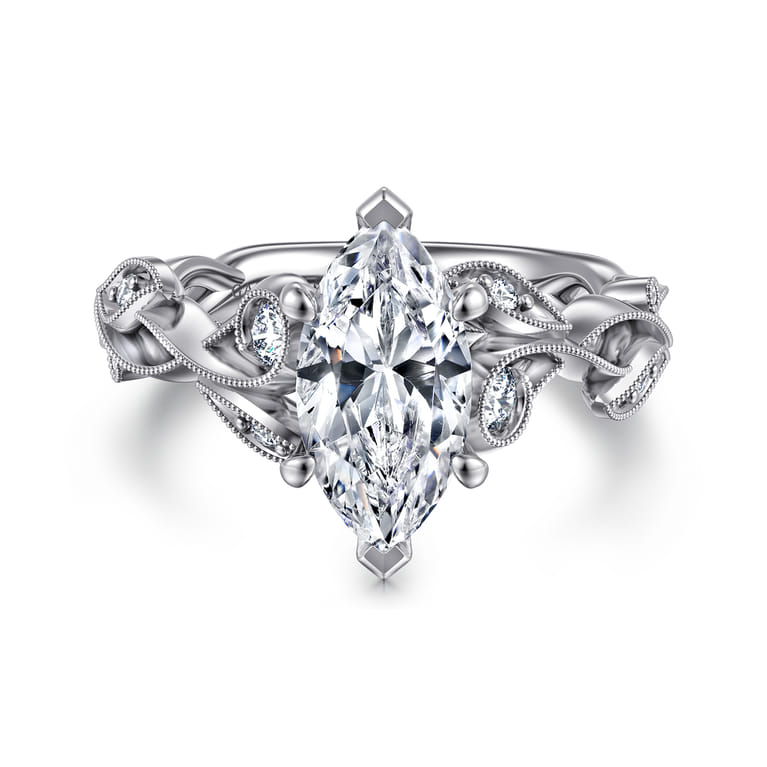 Lena - 14K White Gold Floral Marquise Shape Diamond Engagement Ring - 0.16 ct - Shot 1
