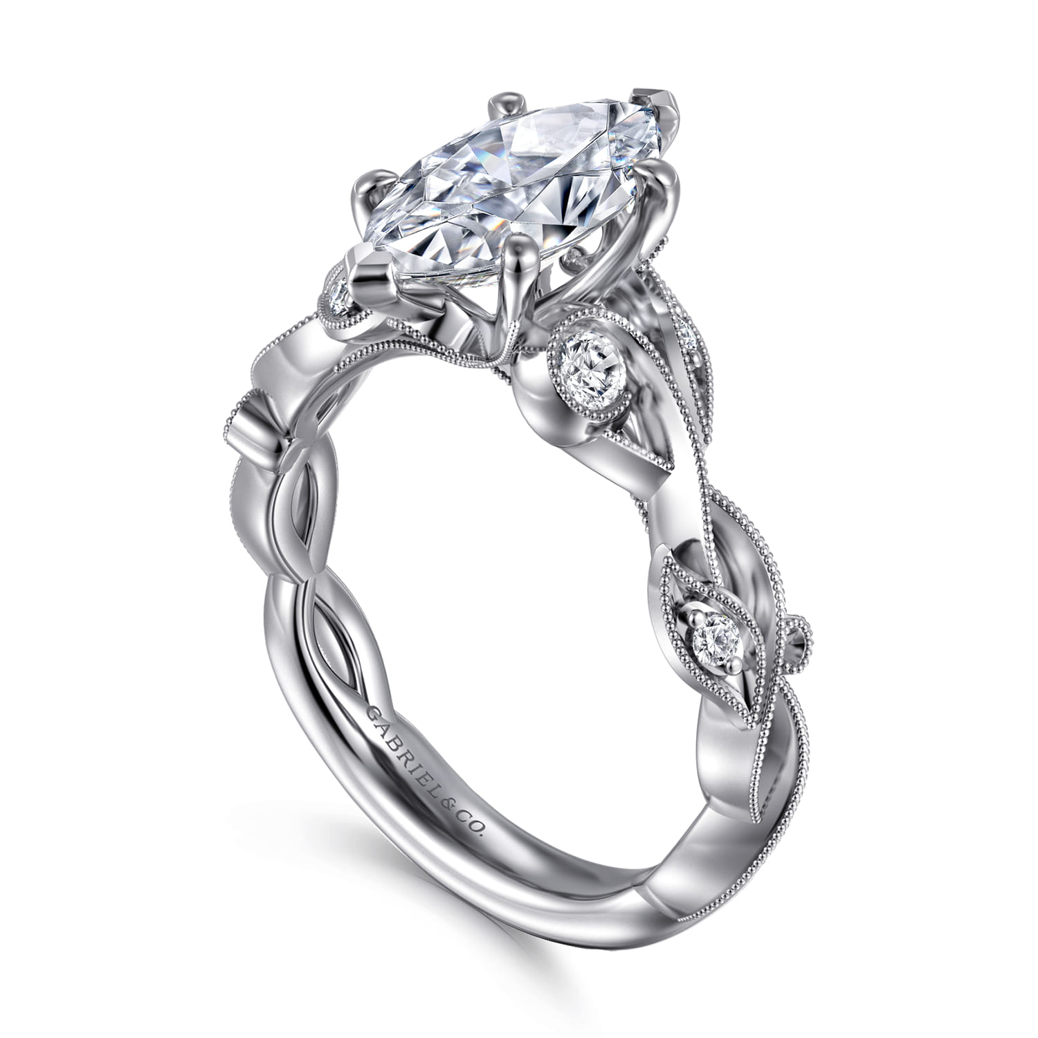Lena - 14K White Gold Floral Marquise Shape Diamond Engagement Ring - 0.16 ct - Shot 3