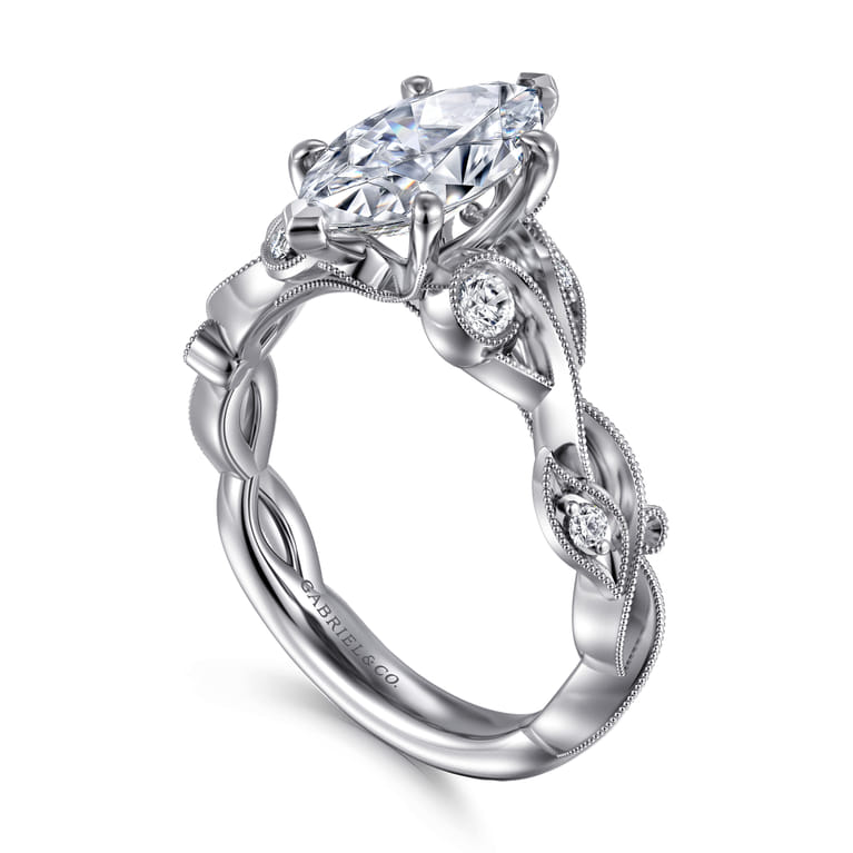 Lena - 14K White Gold Floral Marquise Shape Diamond Engagement Ring - 0.16 ct - Shot 3