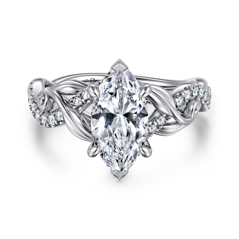 Camelia - 14K White Gold Floral Marquise Shape Diamond Engagement Ring - 0.19 ct - Shot 1