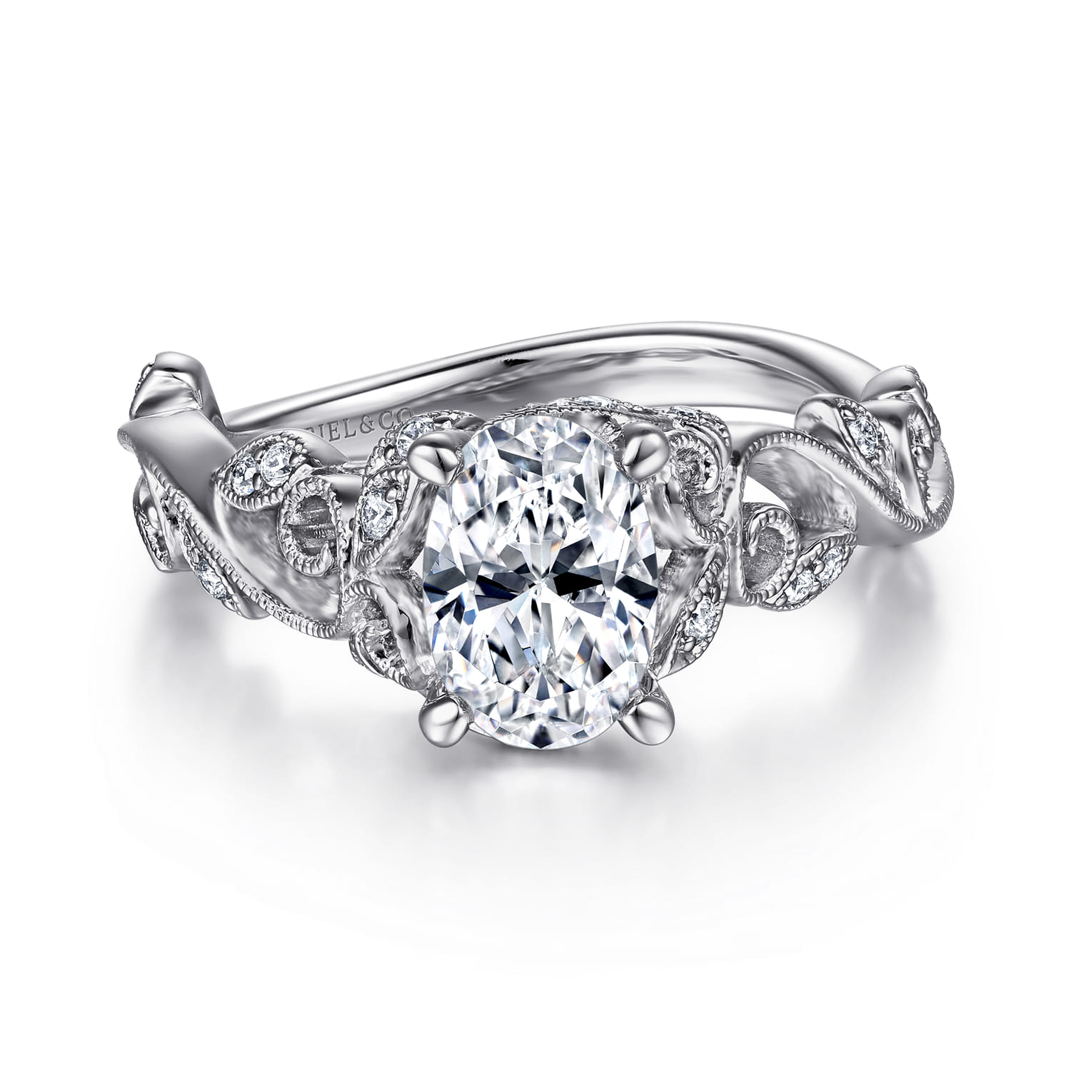 Martedi - 14K White Gold Floral Oval Diamond Engagement Ring - 0.15 ct - Shot 1