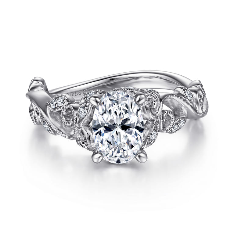 Martedi - 14K White Gold Floral Oval Diamond Engagement Ring - 0.15 ct - Shot 1