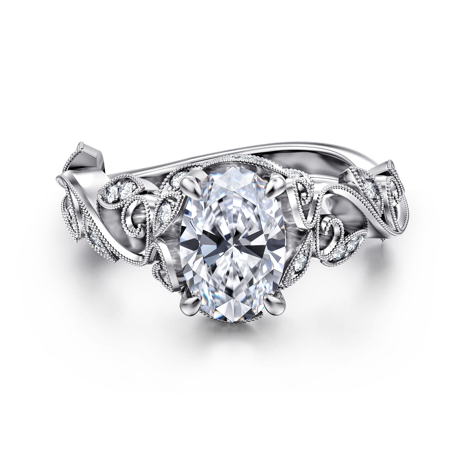 Martedi - 14K White Gold Floral Oval Diamond Engagement Ring - 0.15 ct - Shot 1