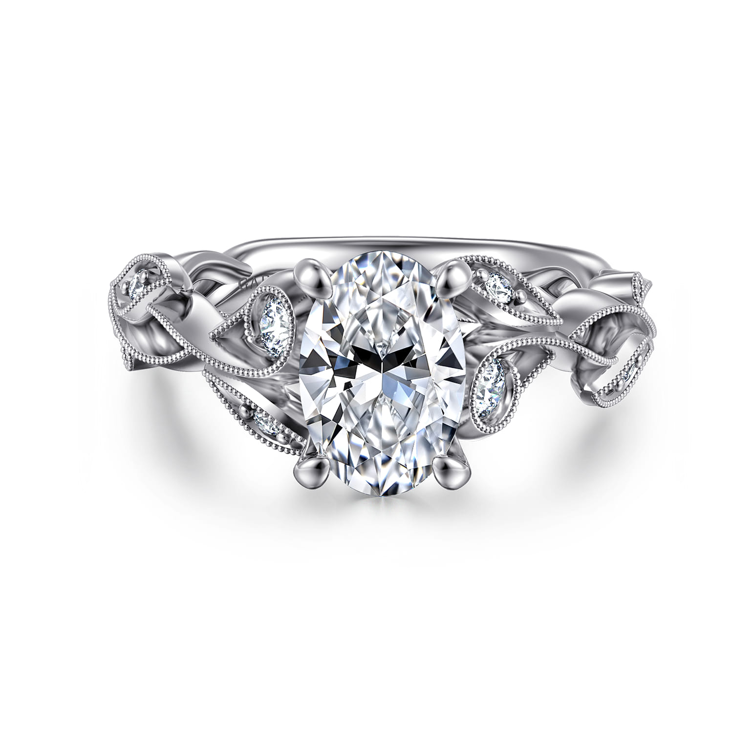 Lena - 14K White Gold Floral Oval Diamond Engagement Ring - 0.16 ct - Shot 1