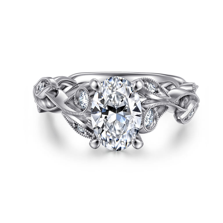 Lena - 14K White Gold Floral Oval Diamond Engagement Ring - 0.16 ct - Shot 1
