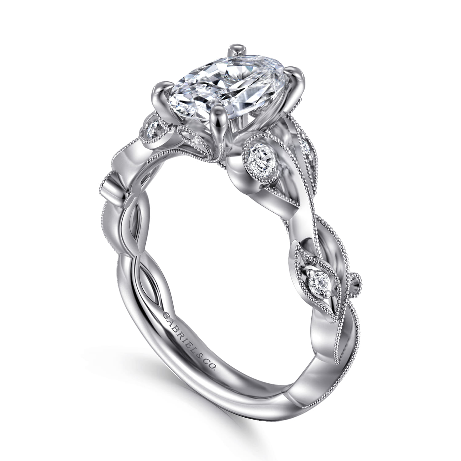 Lena - 14K White Gold Floral Oval Diamond Engagement Ring - 0.16 ct - Shot 3