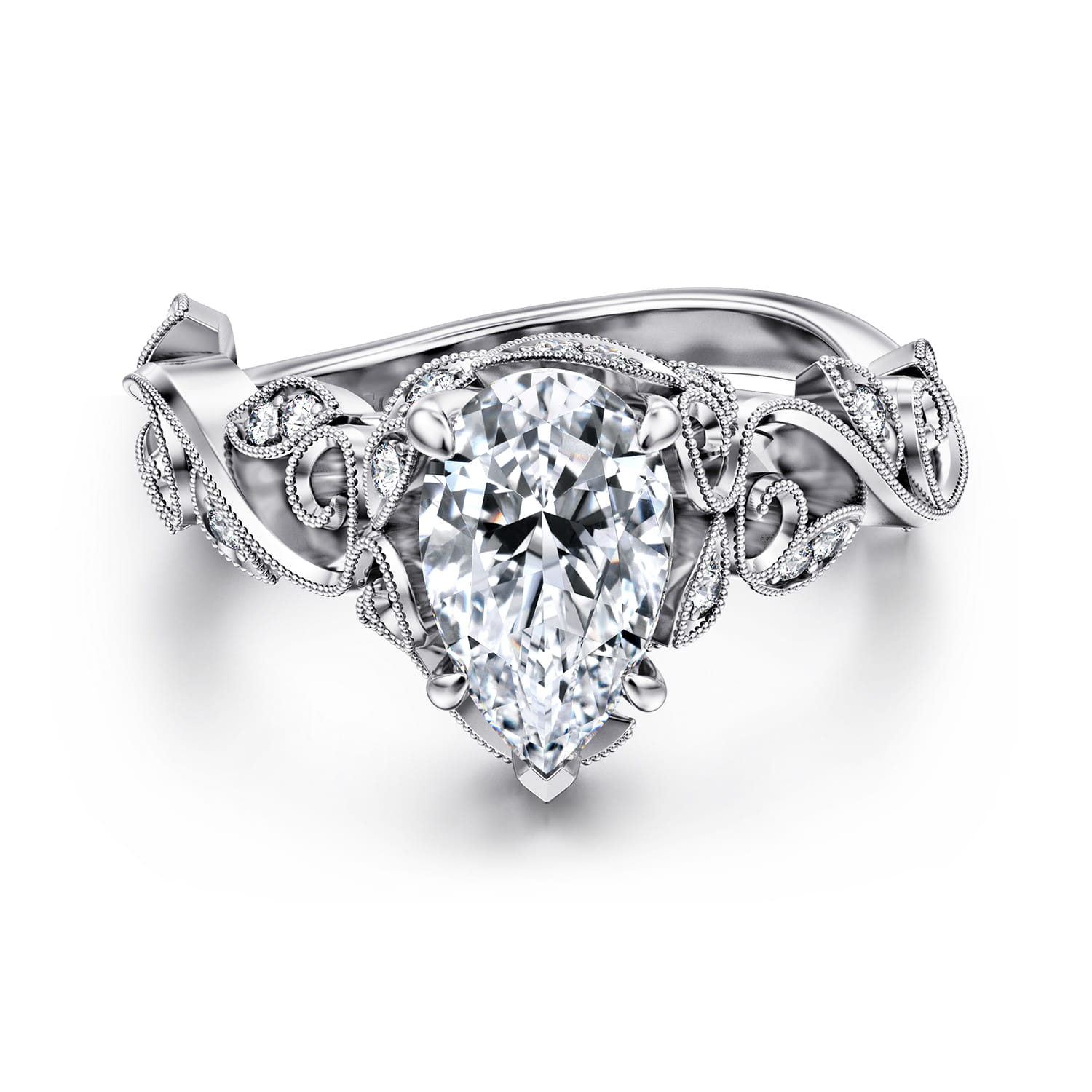 Martedi - 14K White Gold Floral Pear Shape Diamond Engagement Ring - 0.16 ct - Shot 1