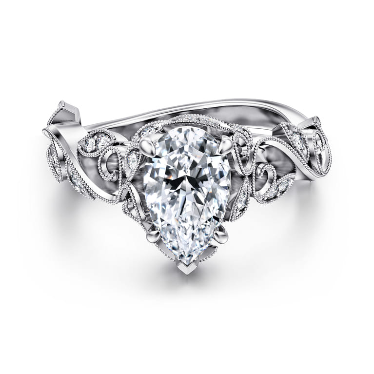 Martedi - 14K White Gold Floral Pear Shape Diamond Engagement Ring - 0.16 ct - Shot 1