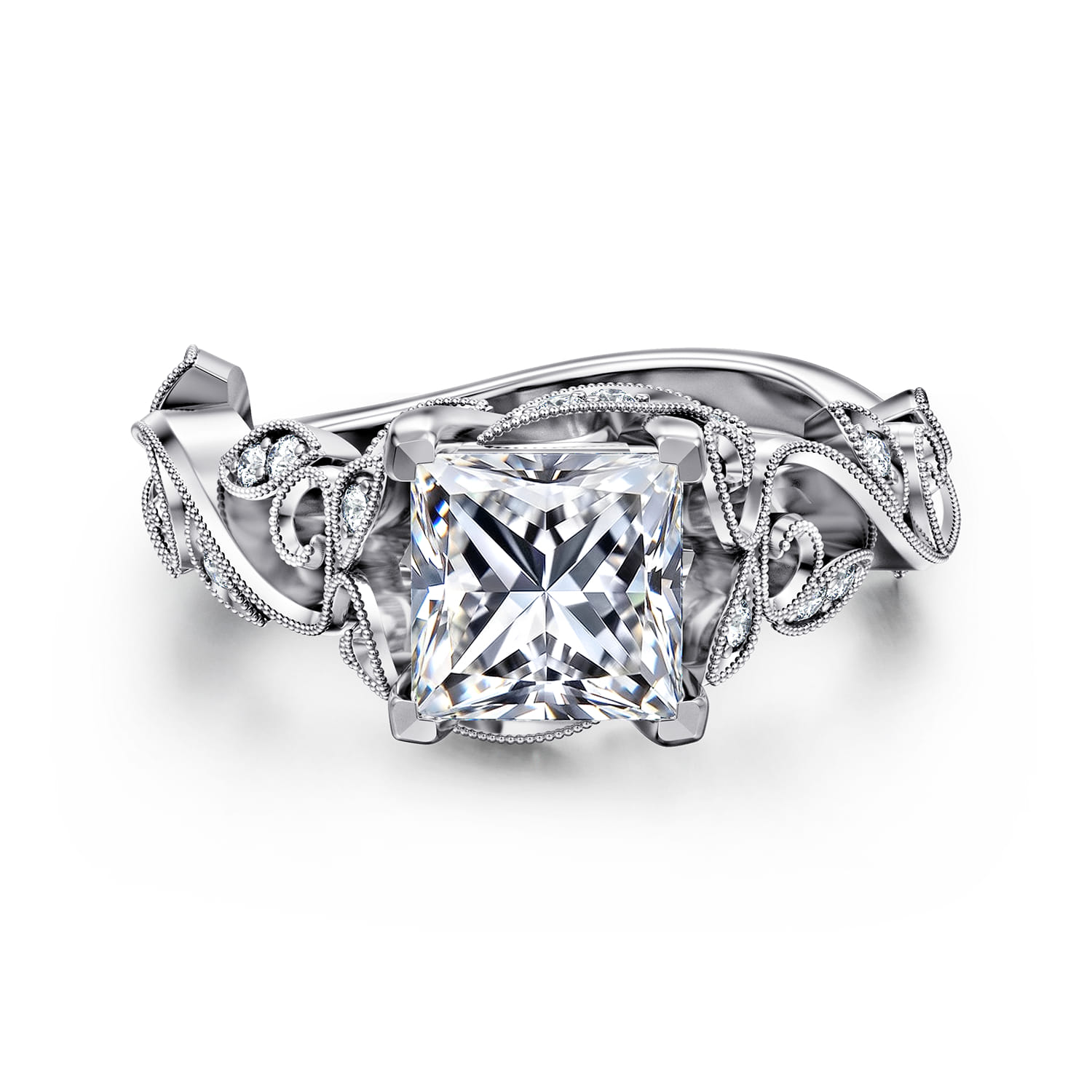 Martedi - 14K White Gold Floral Princess Cut Diamond Engagement Ring - 0.15 ct - Shot 1