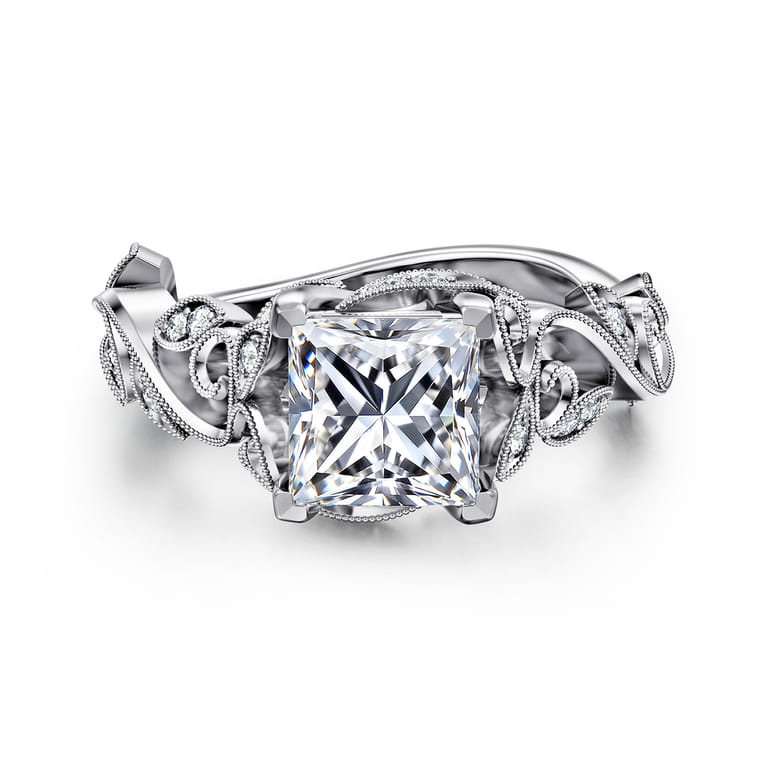 Martedi - 14K White Gold Floral Princess Cut Diamond Engagement Ring - 0.15 ct - Shot 1