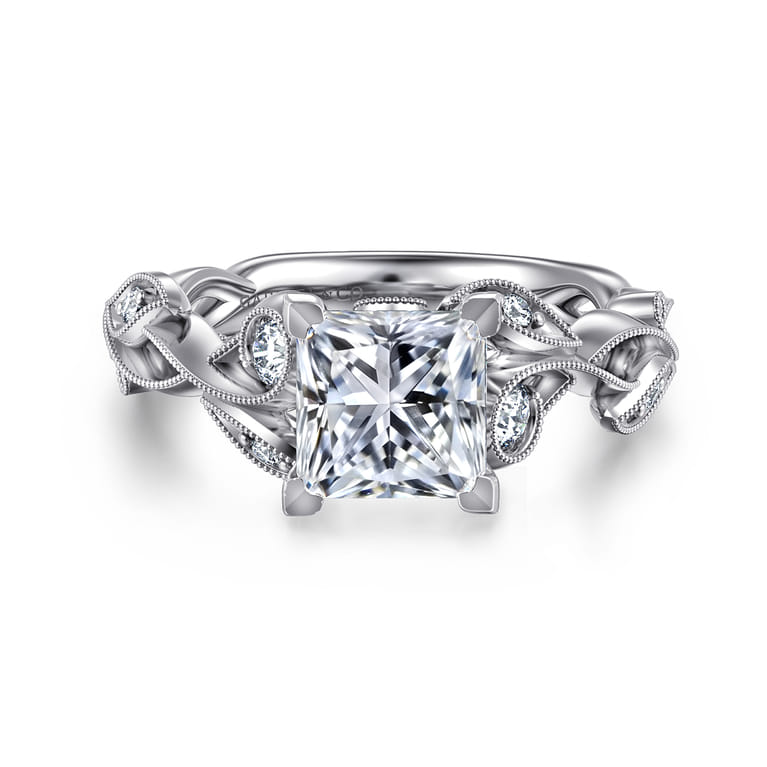 Lena - 14K White Gold Floral Princess Cut Diamond Engagement Ring - 0.16 ct - Shot 1