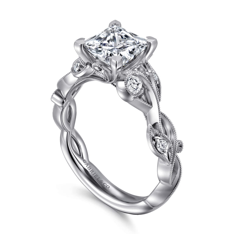 Lena - 14K White Gold Floral Princess Cut Diamond Engagement Ring - 0.16 ct - Shot 3
