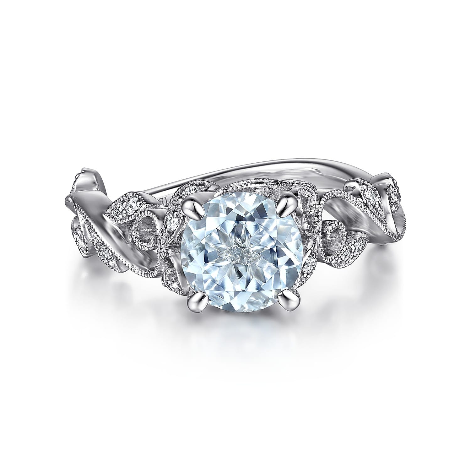 Roxanna - 14K White Gold Split Shank Round Aquamarine and Diamond Engagement Ring - 0.14 ct - Shot 1