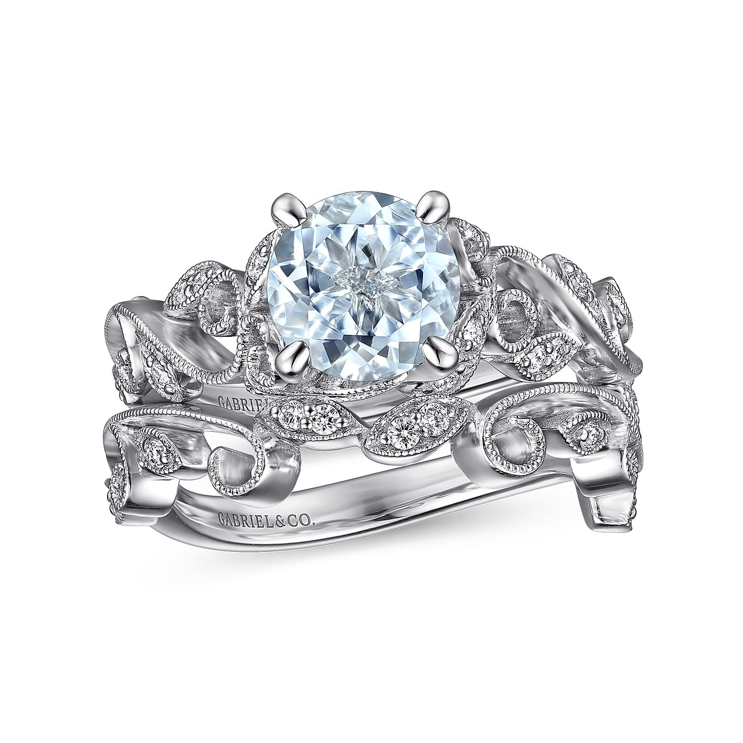 Roxanna - 14K White Gold Split Shank Round Aquamarine and Diamond Engagement Ring - 0.14 ct - Shot 4