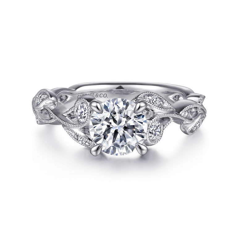 Lena - 14K White Gold Floral Round Diamond Engagement Ring - 0.16 ct