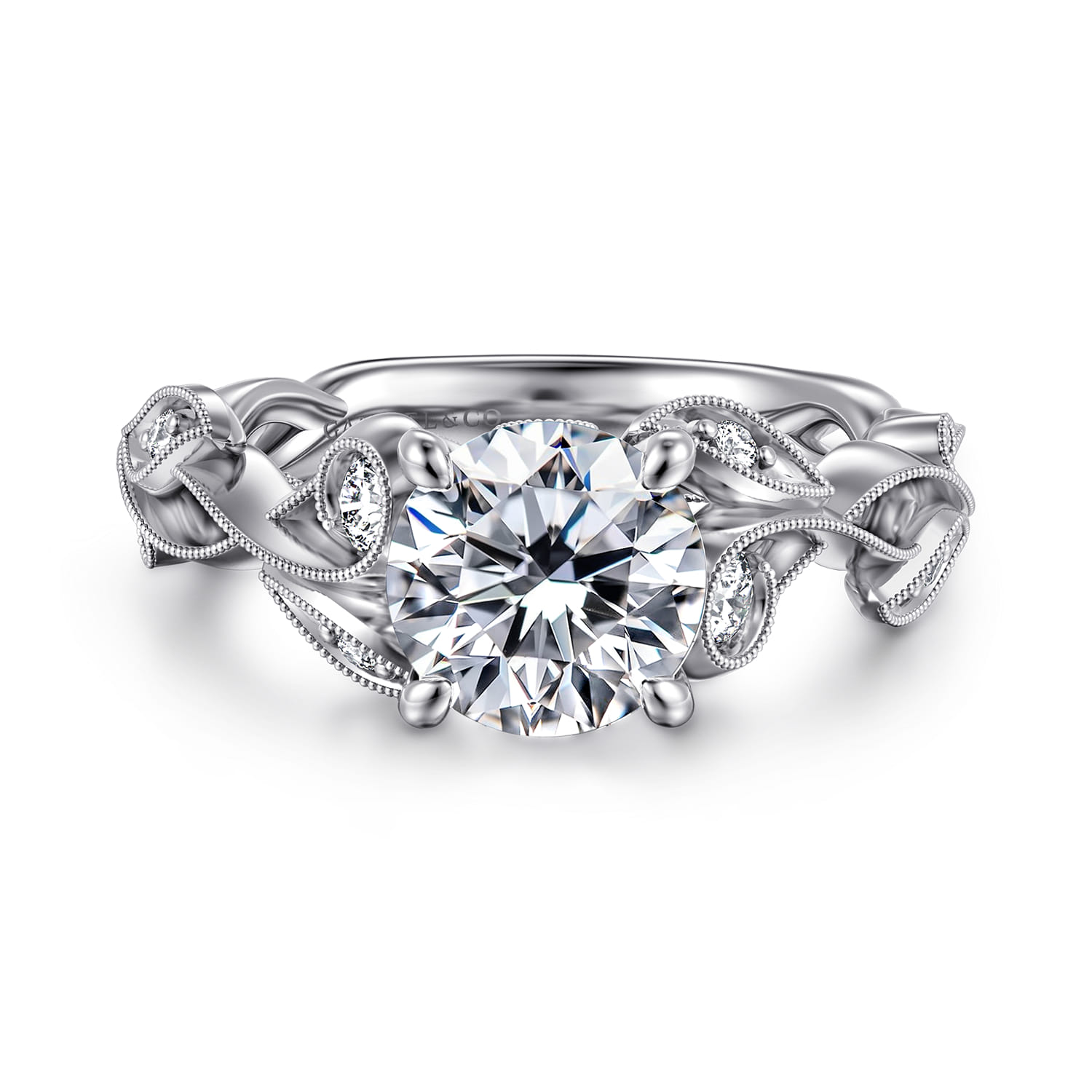 Lena - 14K White Gold Floral Round Diamond Engagement Ring - 0.16 ct - Shot 1