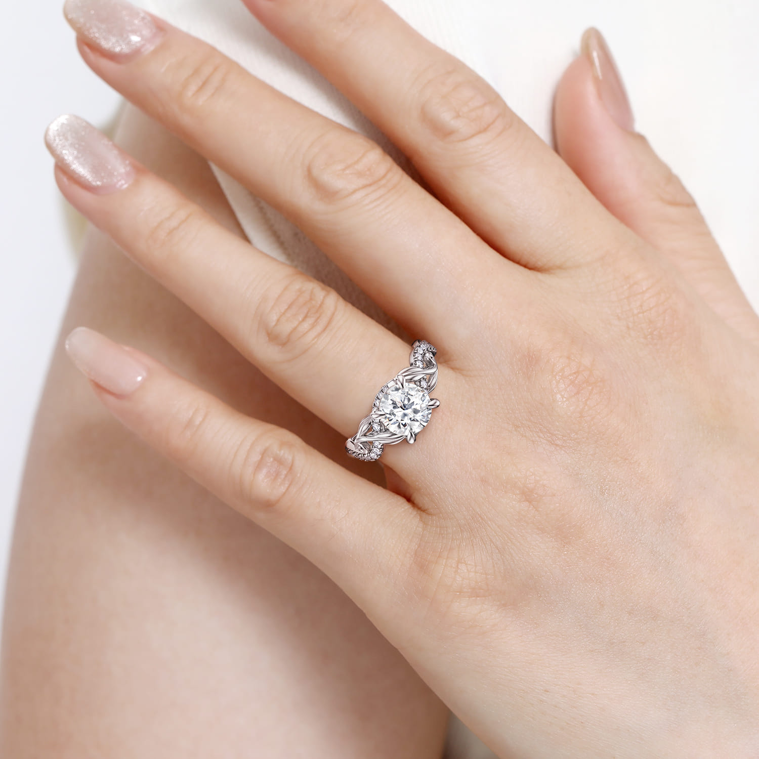 Camelia - 14K White Gold Floral Round Diamond Engagement Ring - 0.18 ct - Shot 6