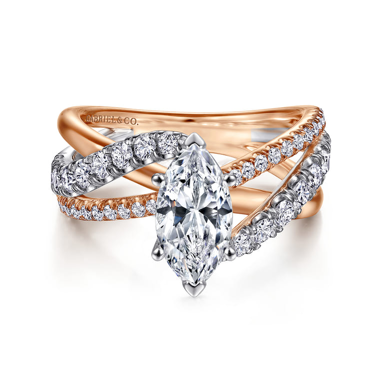 Zaira - 14K White-Rose Gold Marquise Shape Free Form Diamond Engagement Ring - 0.75 ct - Shot 1