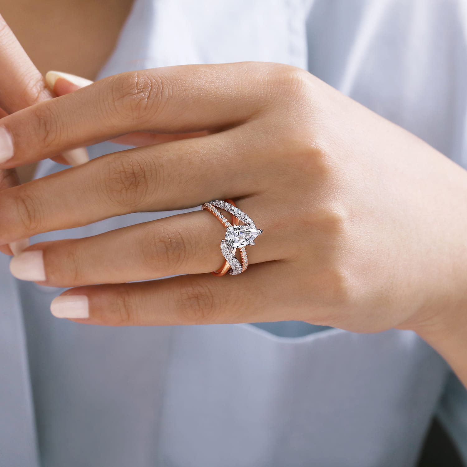 Zaira - 14K White-Rose Gold Pear Shape Free Form Diamond Engagement Ring - 0.75 ct - Shot 6