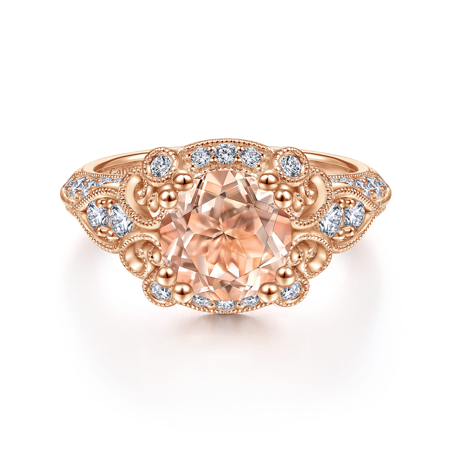 Abel - Vintage Inspired 14K Rose Gold Round Halo Morganite and Diamond Engagement Ring - 0.57 ct - Shot 1