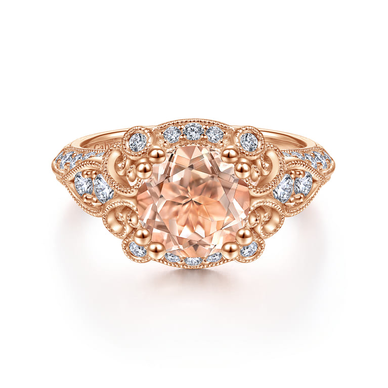 Abel - Vintage Inspired 14K Rose Gold Round Halo Morganite and Diamond Engagement Ring - 0.57 ct - Shot 1