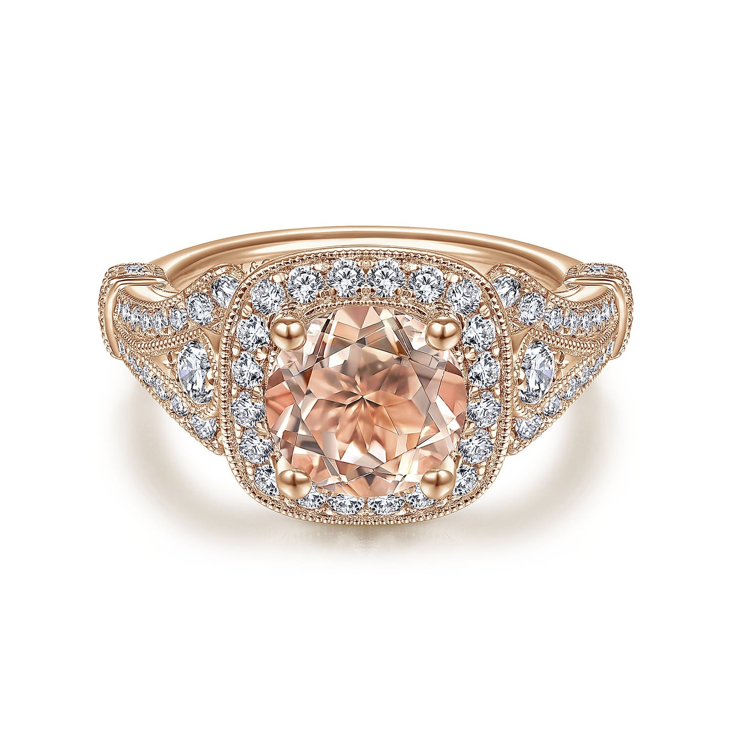 Delilah - Vintage Inspired 14K Rose Gold Round Halo Morganite and Diamond Engagement Ring - 0.7 ct - Shot 1