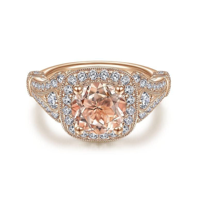 Delilah - Vintage Inspired 14K Rose Gold Round Halo Morganite and Diamond Engagement Ring - 0.7 ct - Shot 1