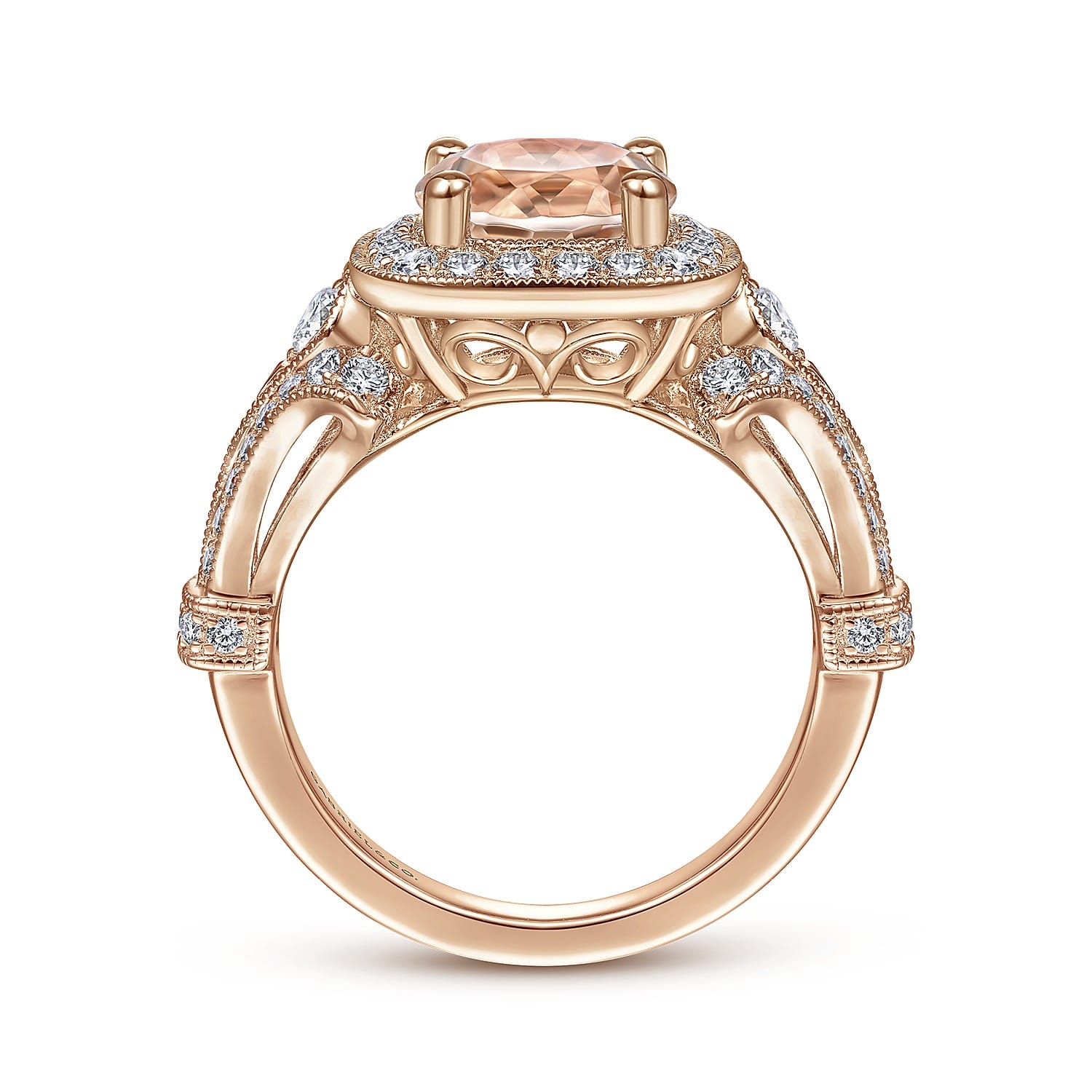 Delilah - Vintage Inspired 14K Rose Gold Round Halo Morganite and Diamond Engagement Ring - 0.7 ct - Shot 2