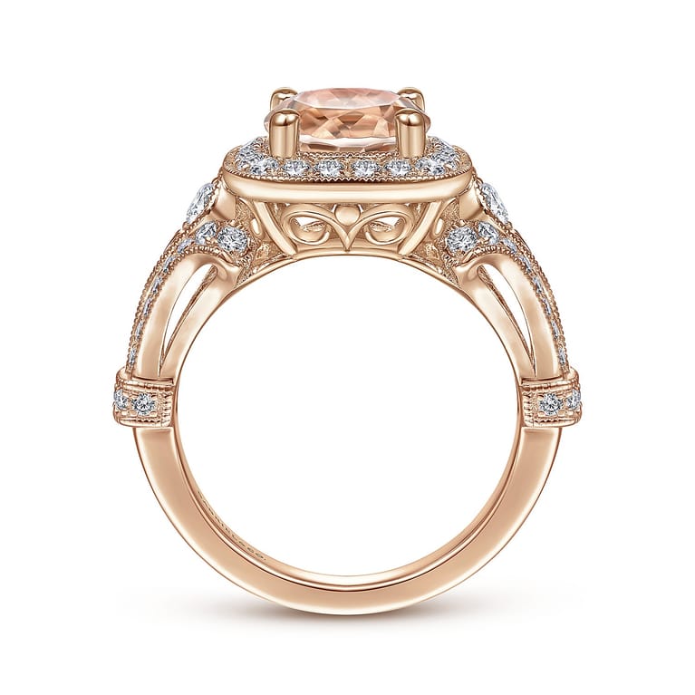 Delilah - Vintage Inspired 14K Rose Gold Round Halo Morganite and Diamond Engagement Ring - 0.7 ct - Shot 2