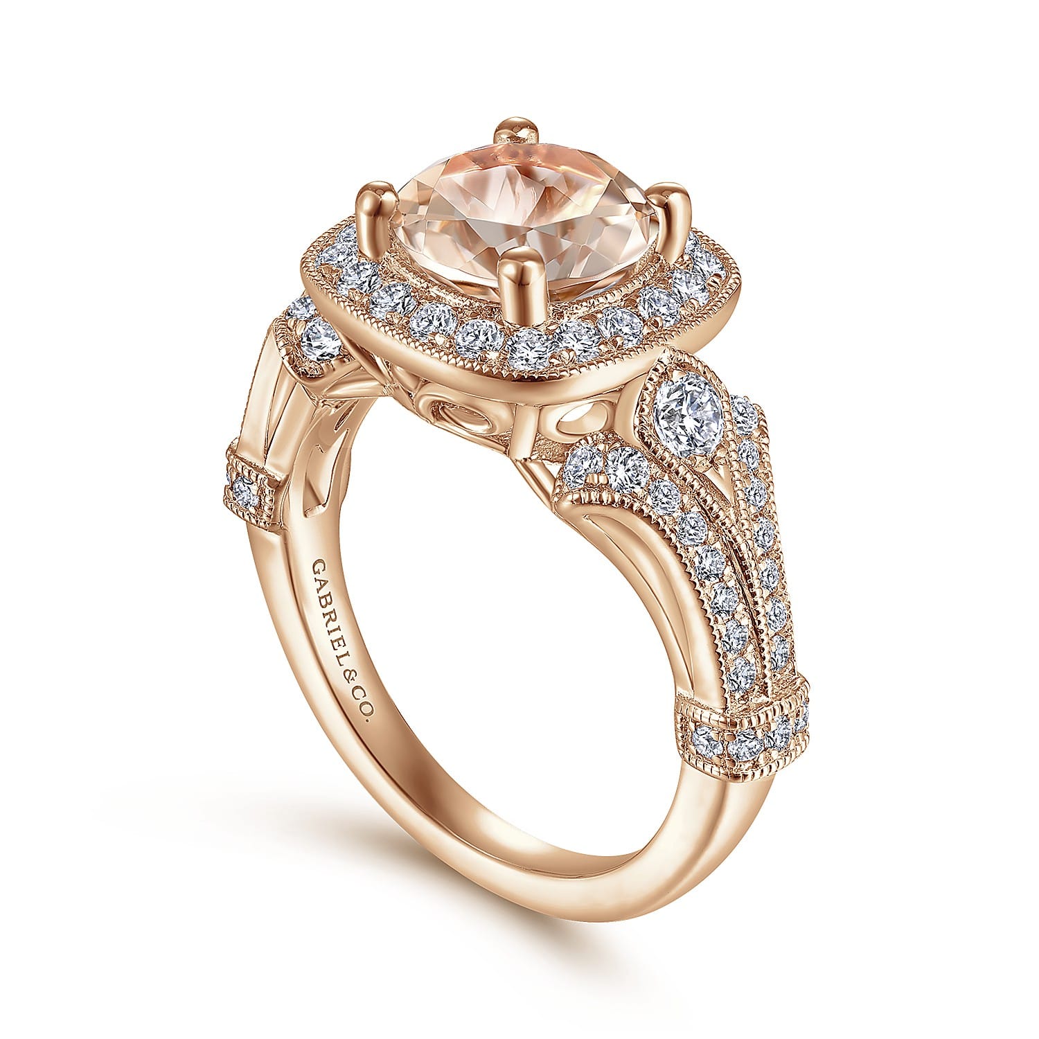 Delilah - Vintage Inspired 14K Rose Gold Round Halo Morganite and Diamond Engagement Ring - 0.7 ct - Shot 3