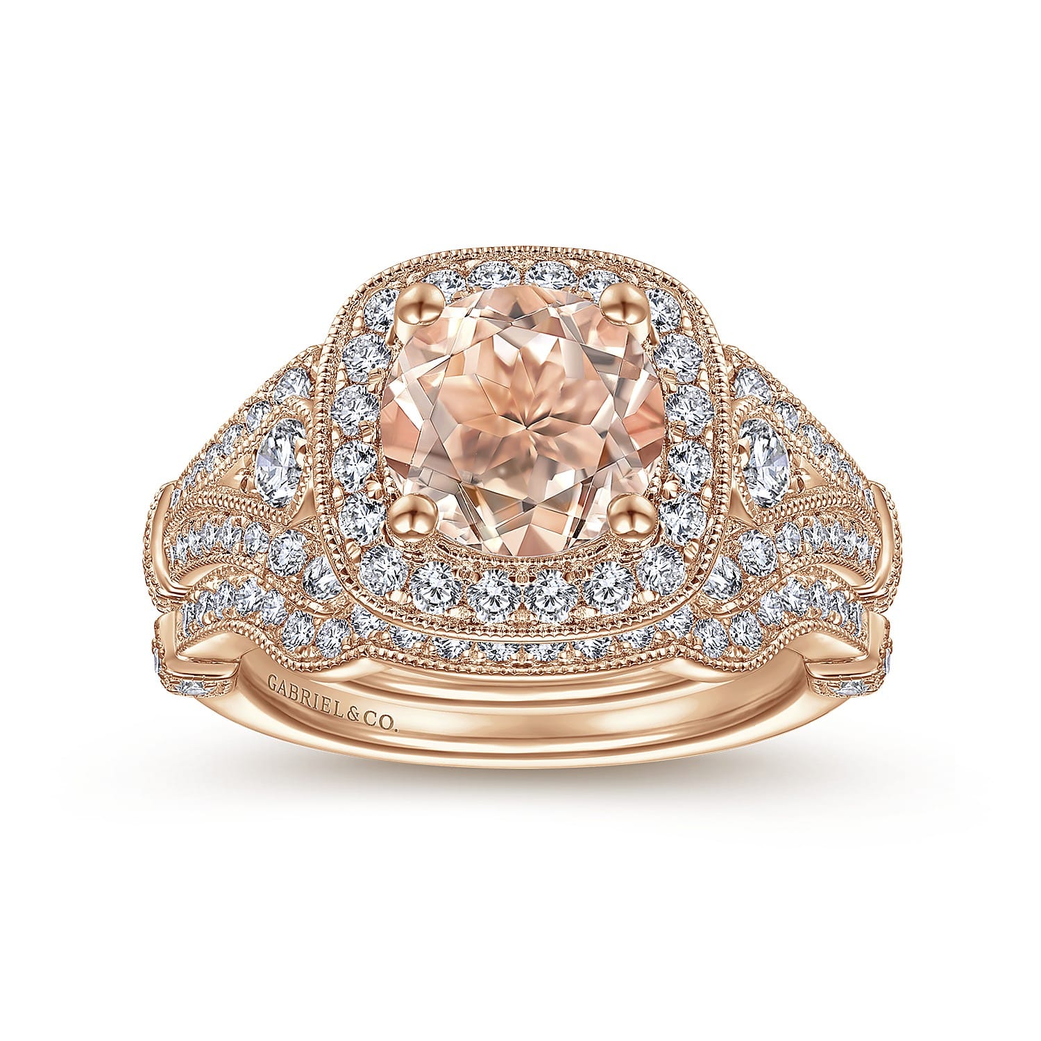 Delilah - Vintage Inspired 14K Rose Gold Round Halo Morganite and Diamond Engagement Ring - 0.7 ct - Shot 4