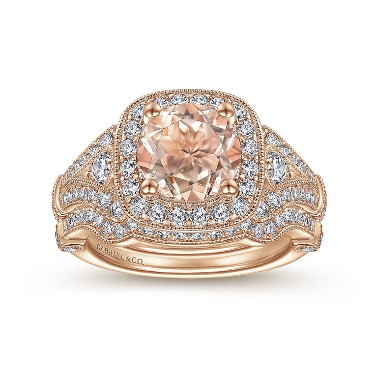 Delilah - Vintage Inspired 14K Rose Gold Round Halo Morganite and Diamond Engagement Ring - 0.7 ct - Shot 4
