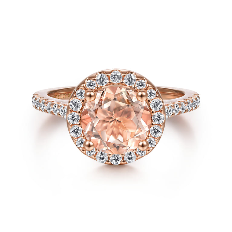 Carly - 14K Rose Gold Morganite and Diamond Halo Engagement Ring - 0.41 ct - Shot 1