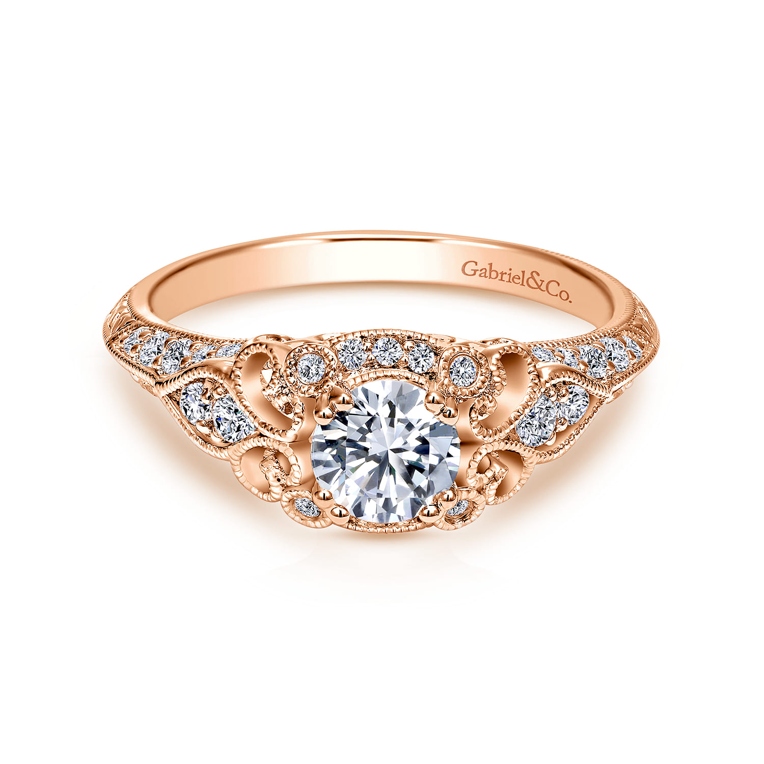 Abel - Unique 14K Rose Gold Vintage Inspired Diamond Halo Engagement Ring - 0.3 ct - Shot 1