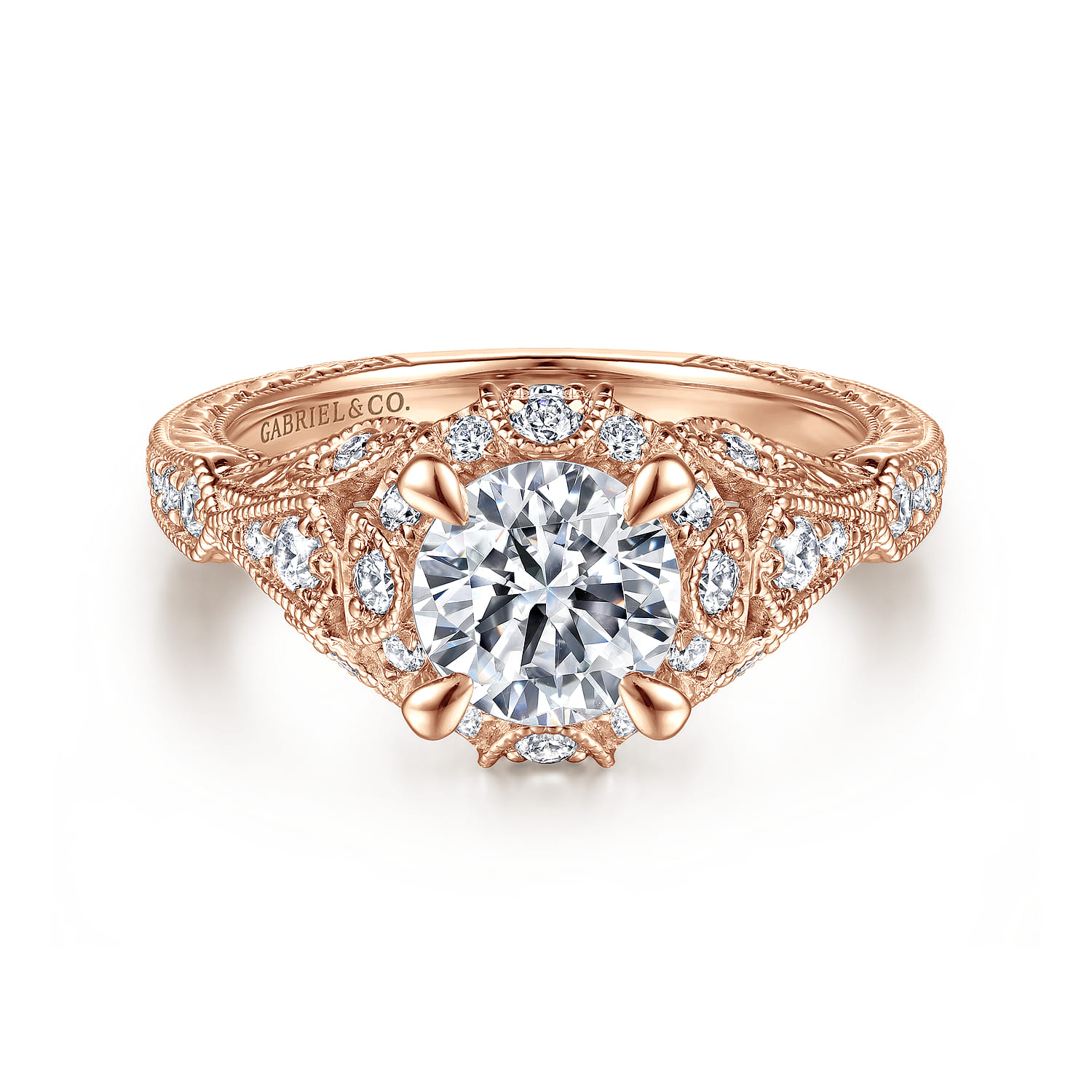 Annadale - Unique 14K Rose Gold Vintage Inspired Diamond Halo Engagement Ring - 0.4 ct - Shot 1