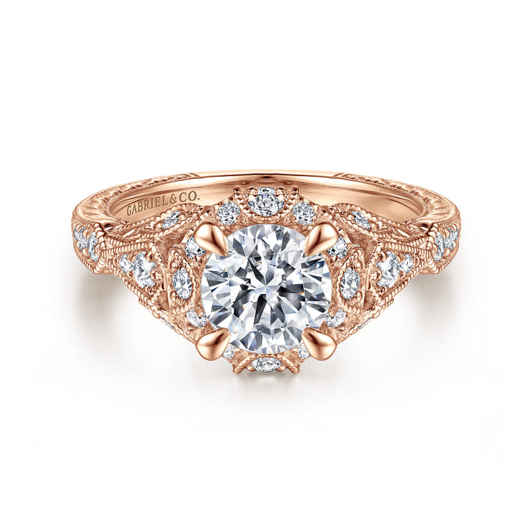 Annadale - Unique 14K Rose Gold Vintage Inspired Diamond Halo Engagement Ring - 0.4 ct - Shot 1