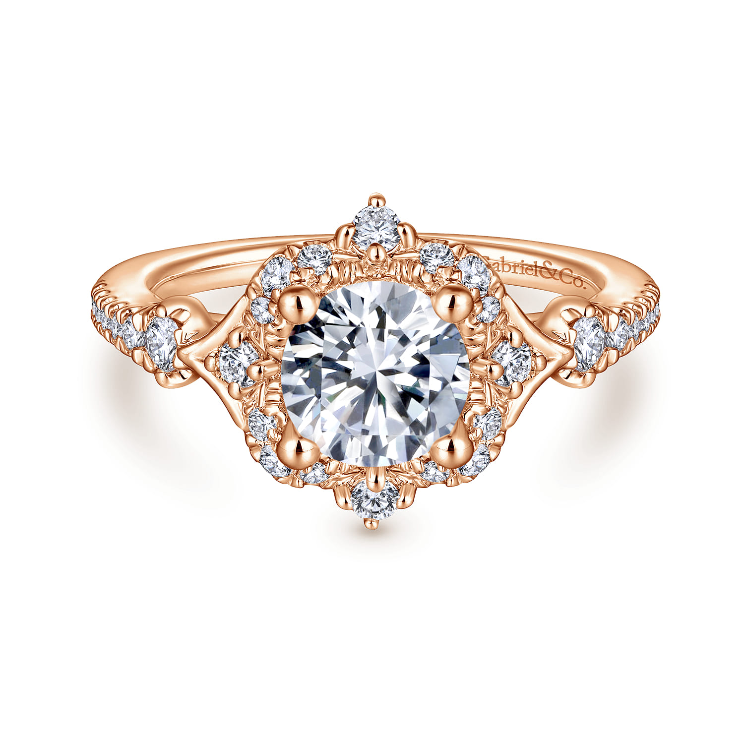 Veronique - Unique 14K Rose Gold Vintage Inspired Halo Diamond Engagement Ring - 0.34 ct - Shot 1